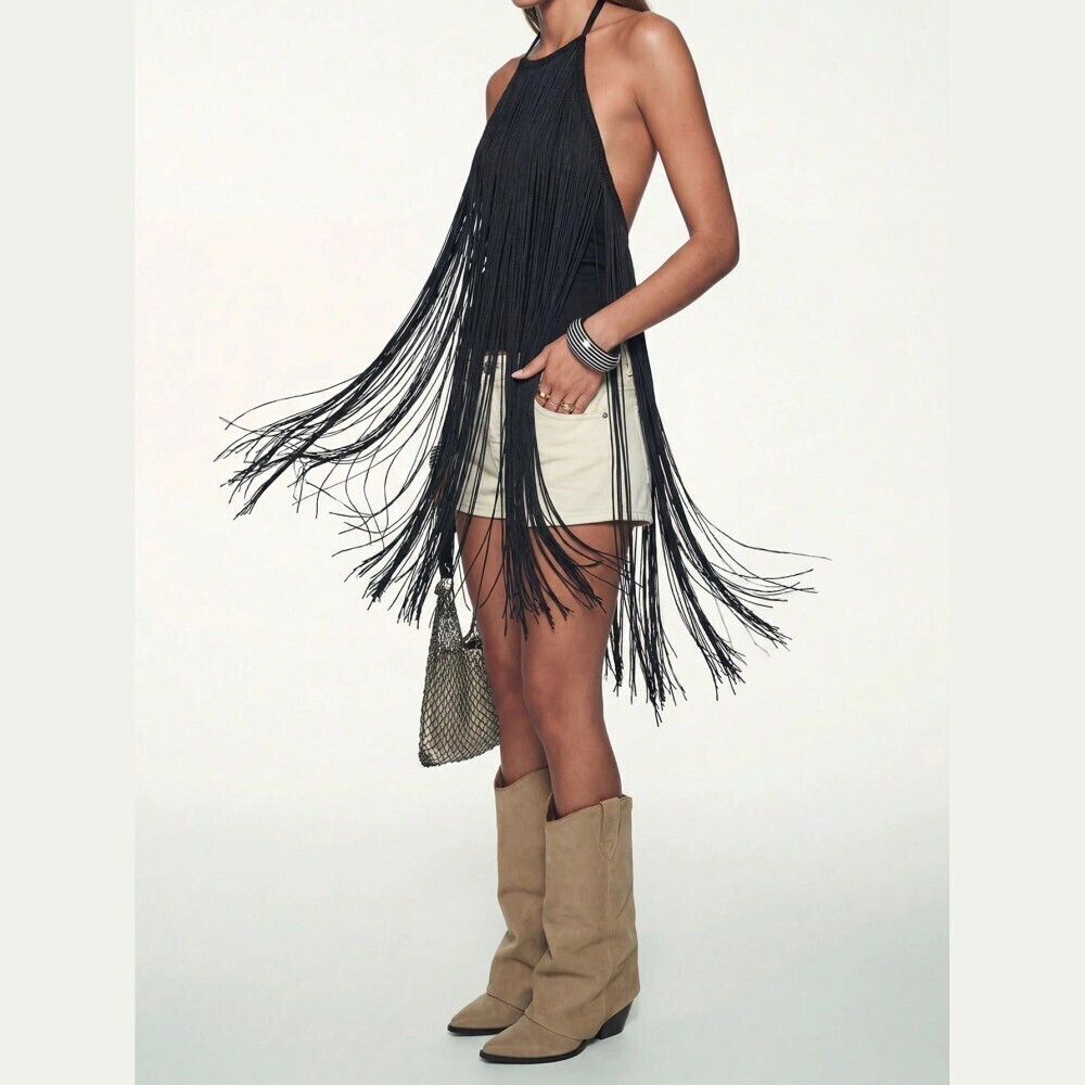 Black Fringe Halter Top - Dramatic Draped Tassel Overlay